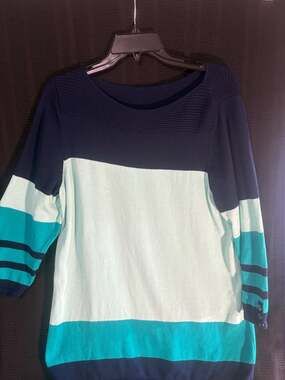 Kim Rogers Women's Colorblock Striped Crewneck Sweater with Button Cuffs,Large